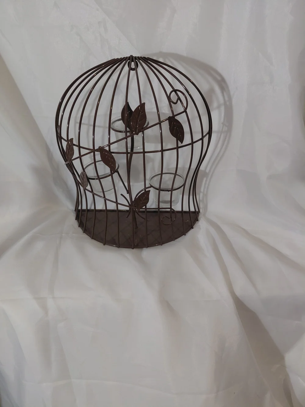 Decorative Brown Metal Birdcage Wall Shelf with Leaf Motif